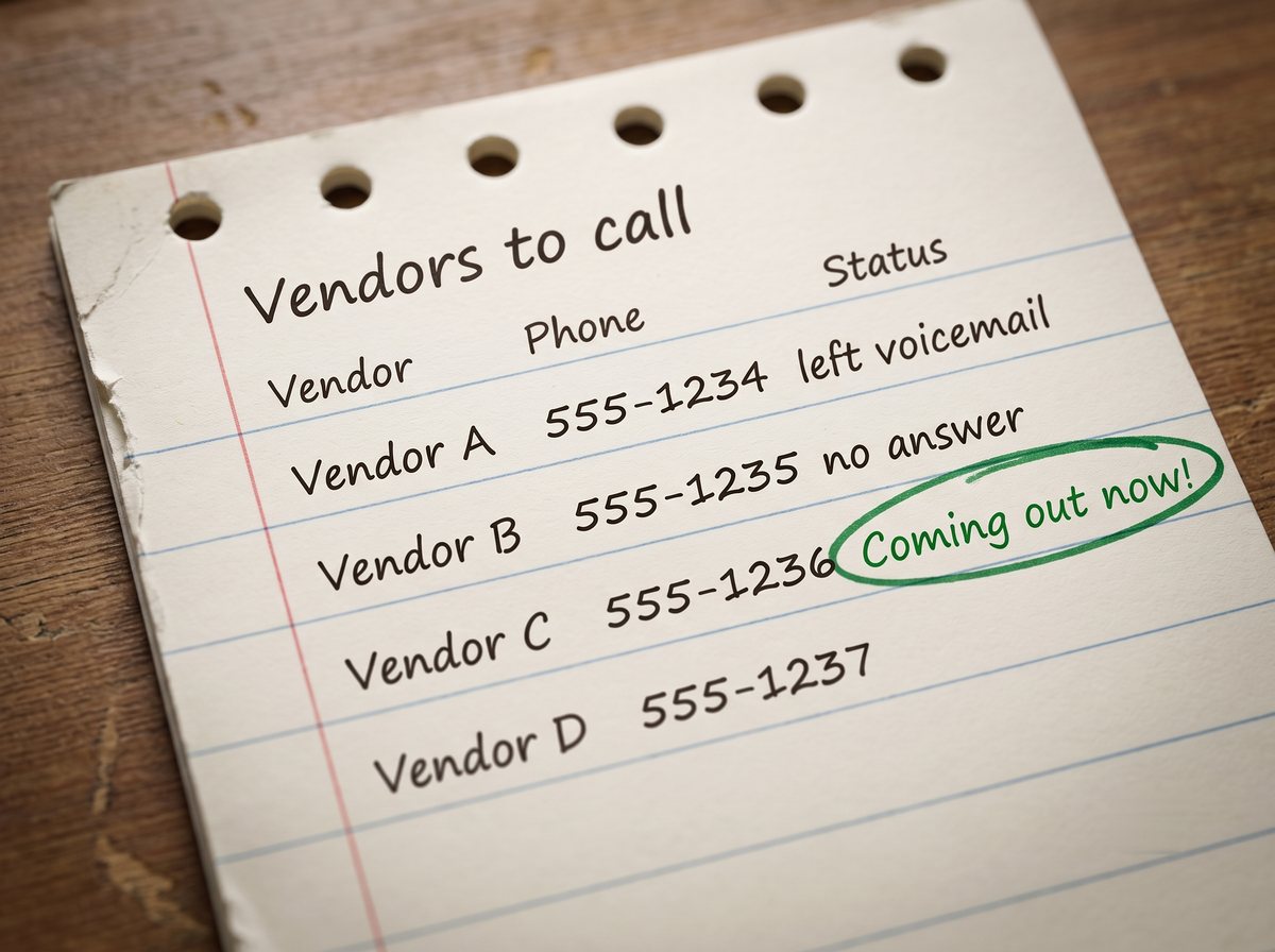 A handwritten 'Vendors to call' list; Vendor D has no status yet